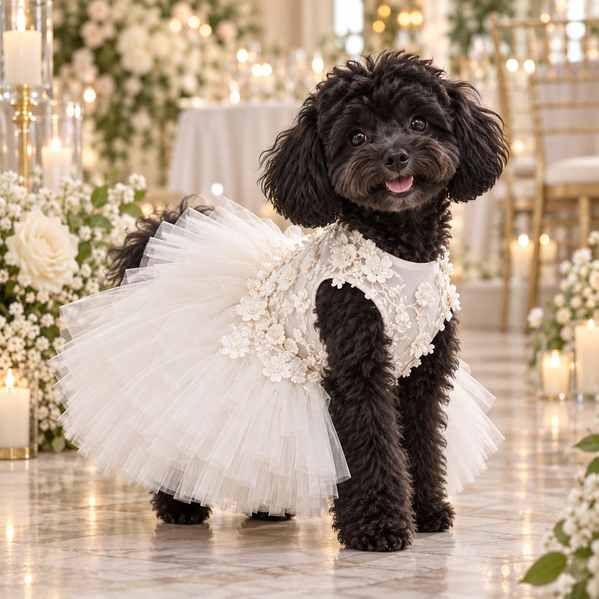 Black dog wearing the BLOSSOM ivory wedding dress in a floral wedding setting.