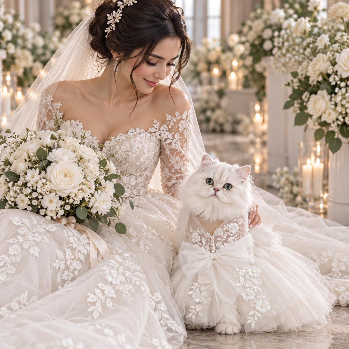 White cat wearing the MOON FLOWER bridal dress beside a bride