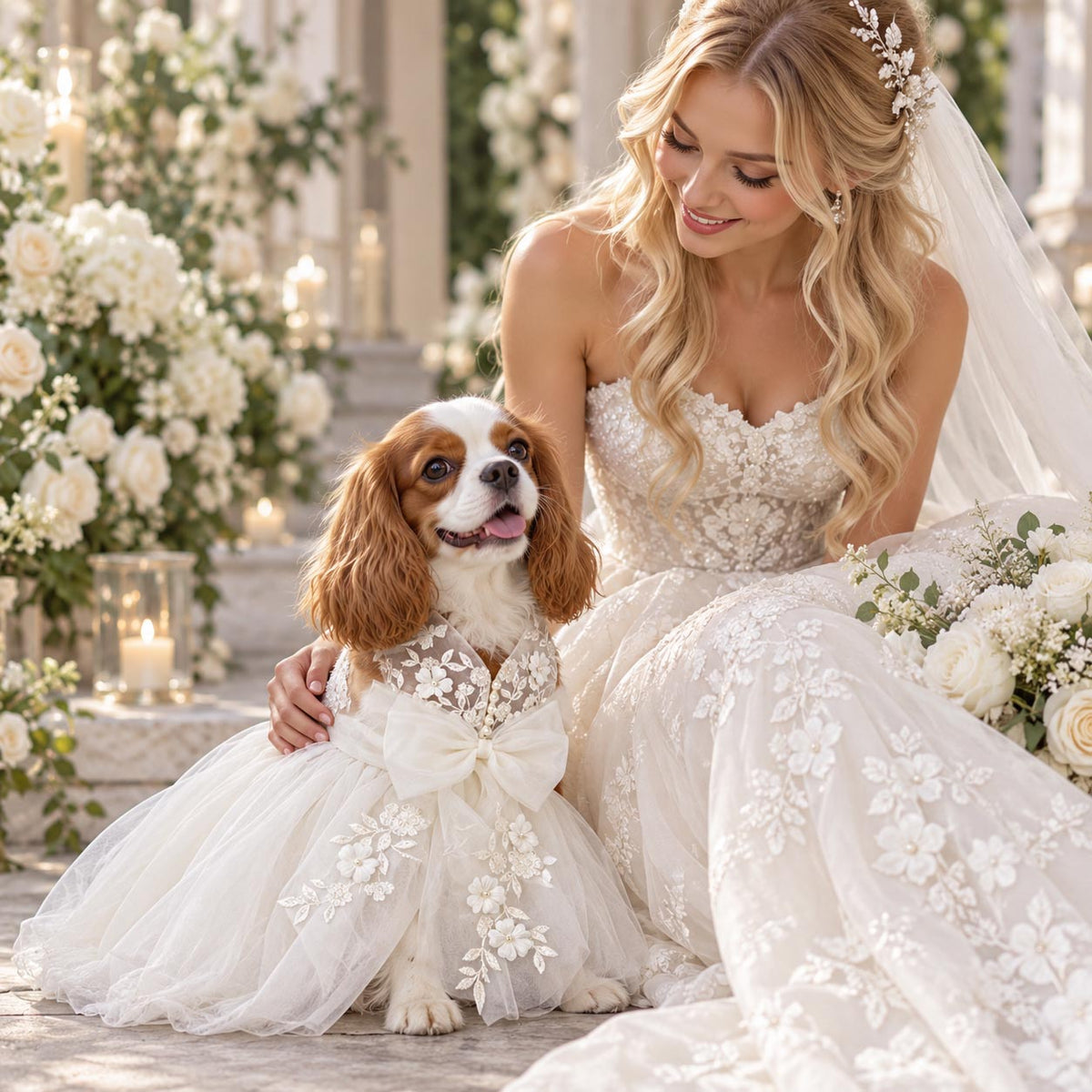 Dog wearing the MOON FLOWER wedding dress beside a bride