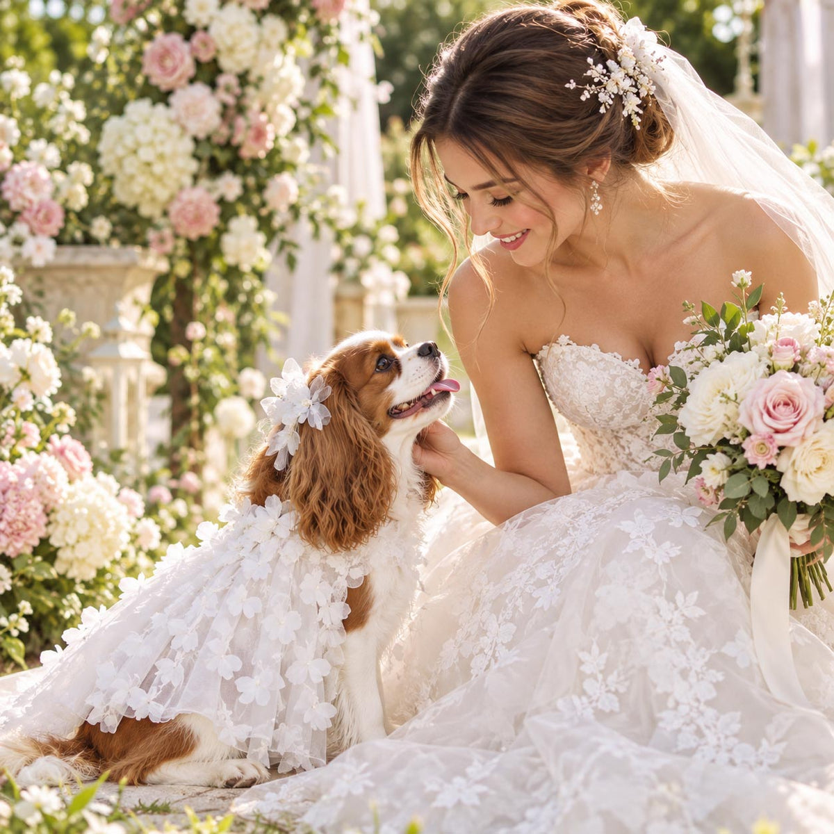 PAPILLON ivory dog wedding dress with layered tulle and delicate butterfly appliqués