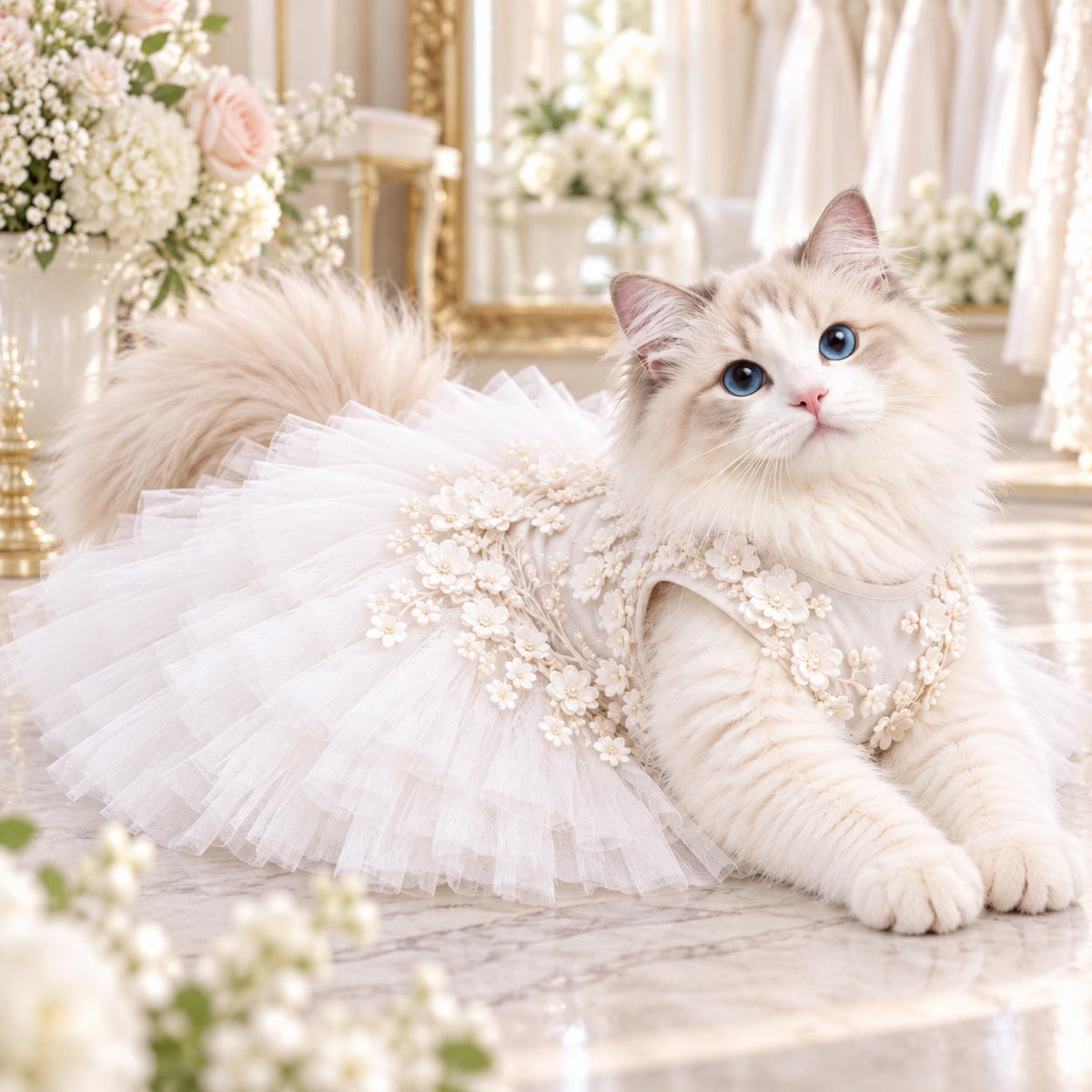 Cat resting in the BLOSSOM ivory wedding dress in a floral wedding setting.