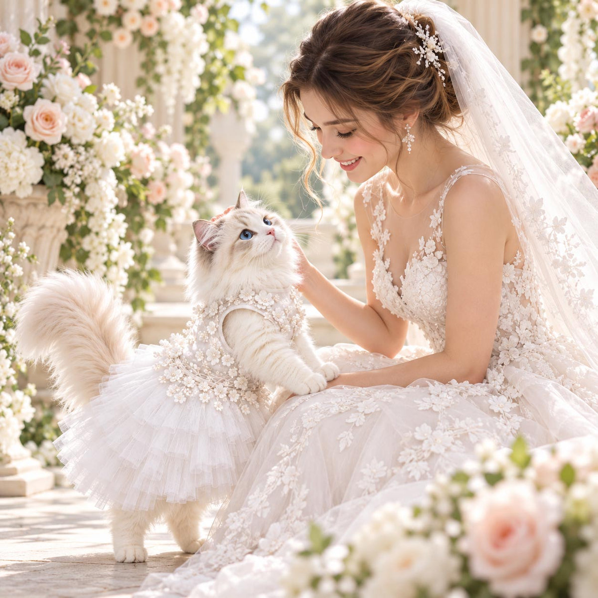 Bride with a cat wearing the BLOSSOM floral tulle wedding dress.