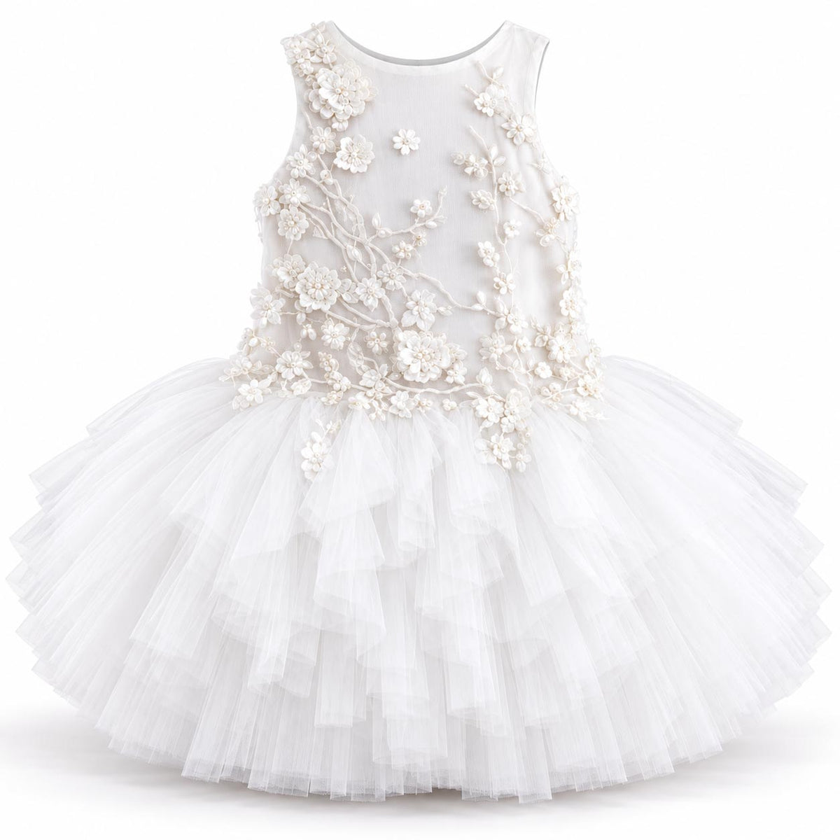 BLOSSOM cat wedding dress showing three-dimensional ivory flowers and a layered tulle skirt.