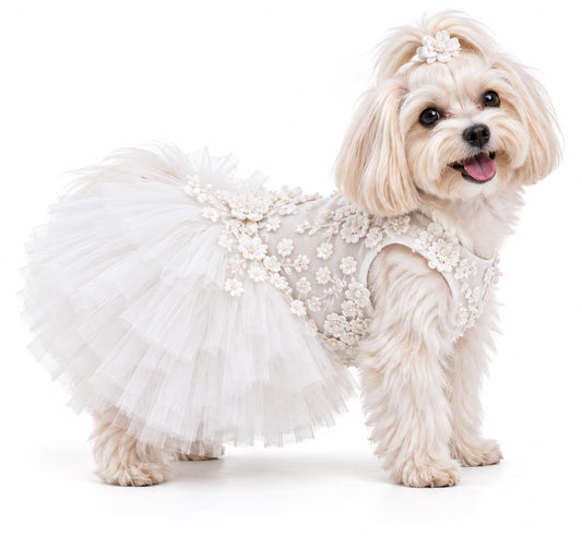 BLOSSOM ivory dog wedding dress with floral bodice and layered tulle skirt, side view on a white background.