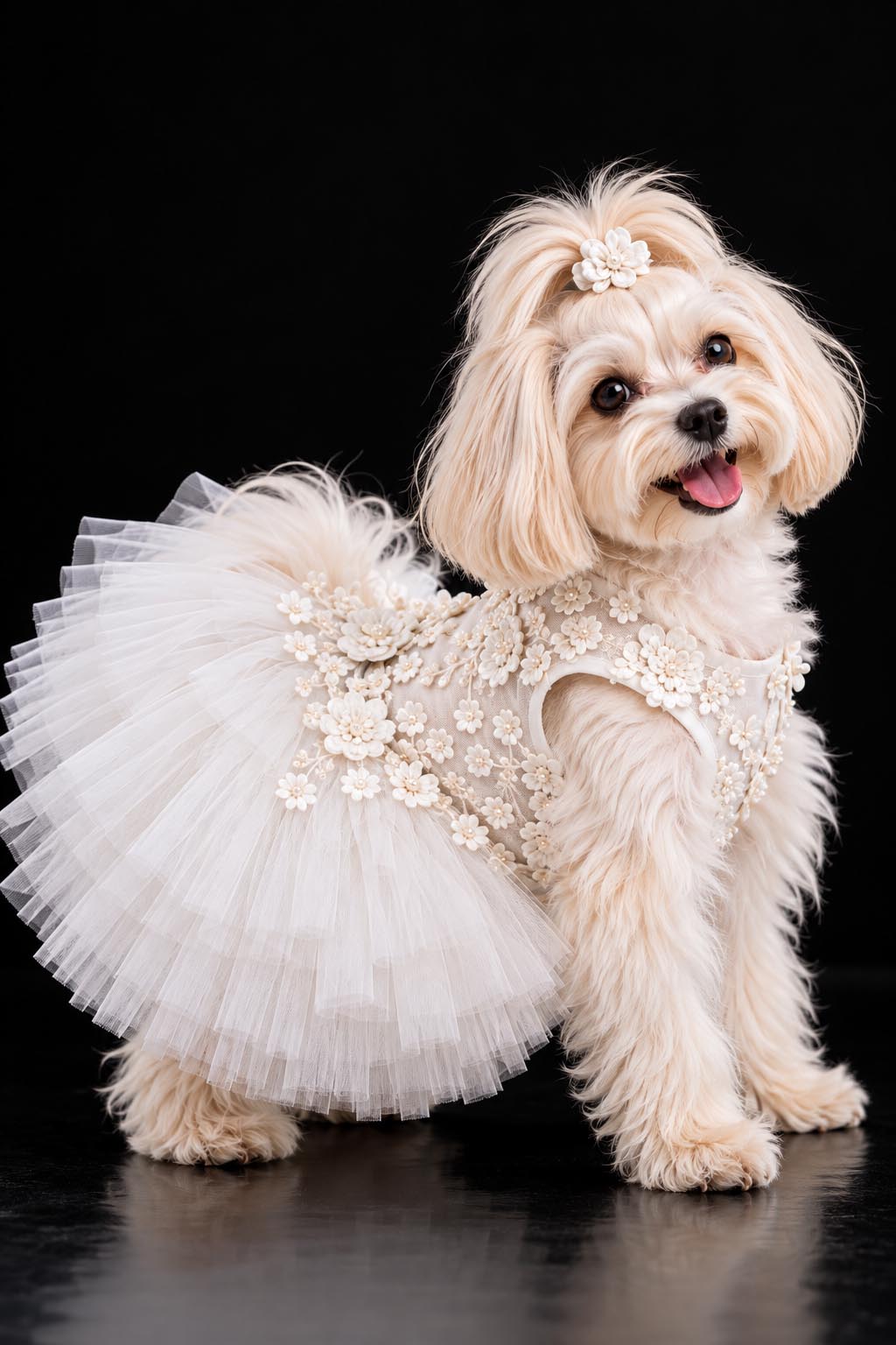 BLOSSOM ivory floral dog wedding dress photographed against a black background.