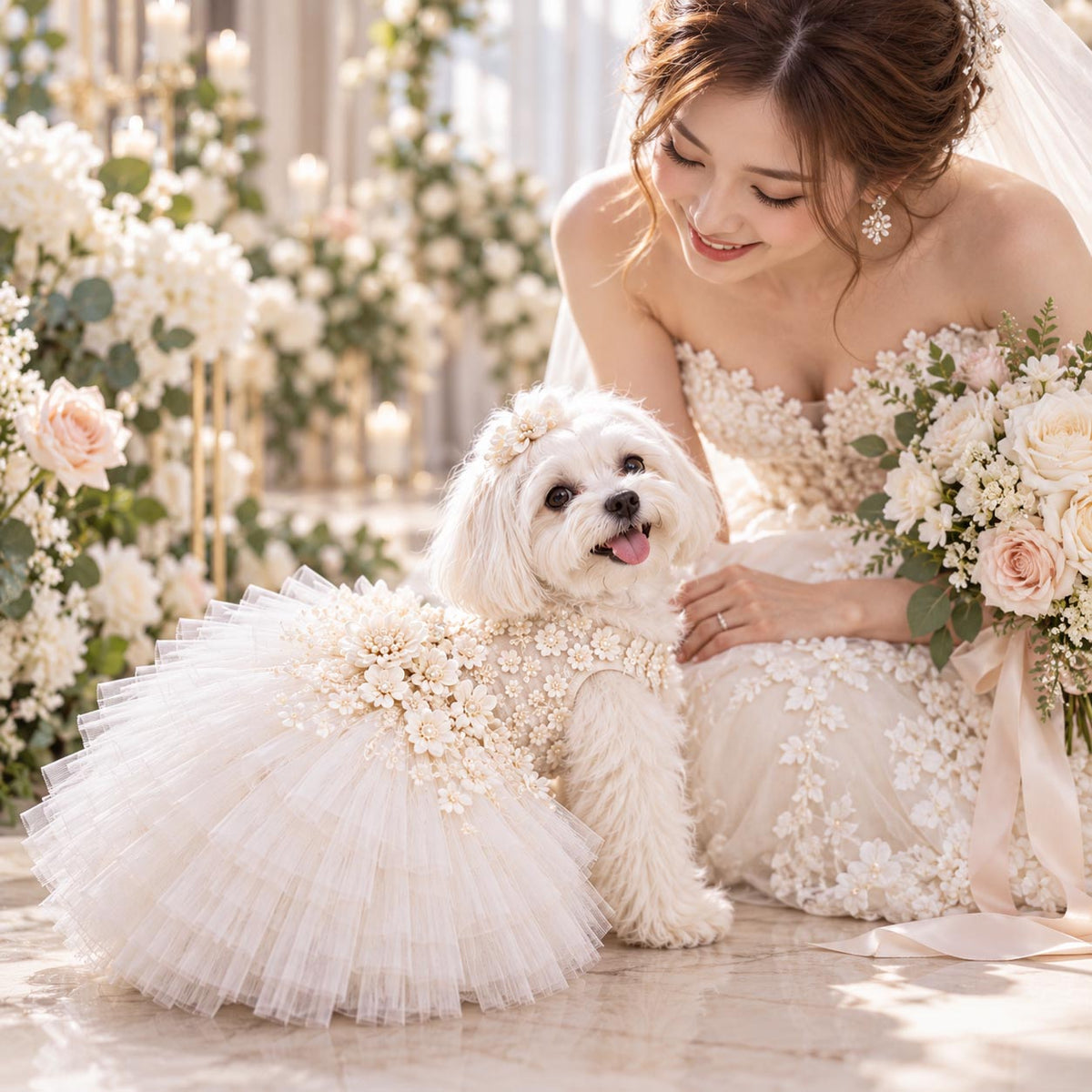 Small dog wearing the BLOSSOM floral tulle wedding dress beside a bride.