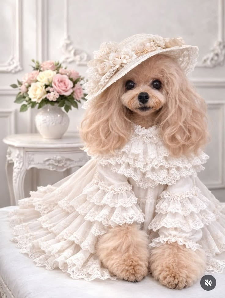Bridal concept: small dog in an ivory lace gown with a floral bonnet.