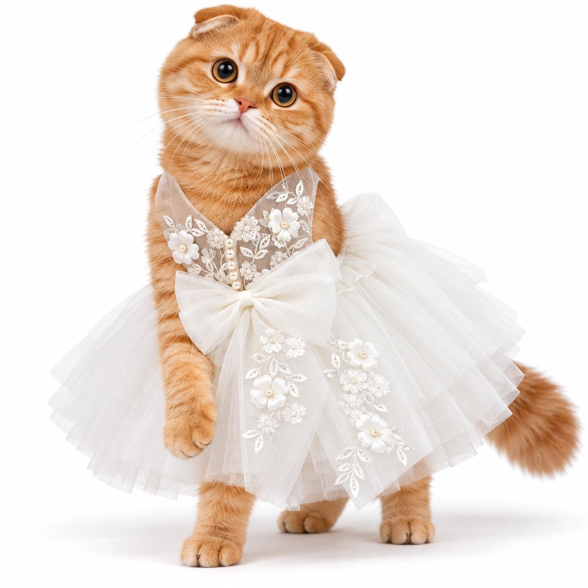 Orange cat wearing the MOON FLOWER floral wedding dress with an oversized ivory bow