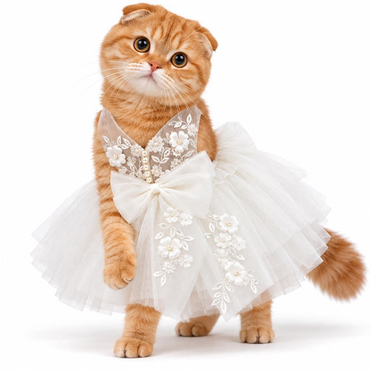 Orange cat wearing the MOON FLOWER floral wedding dress with an oversized ivory bow