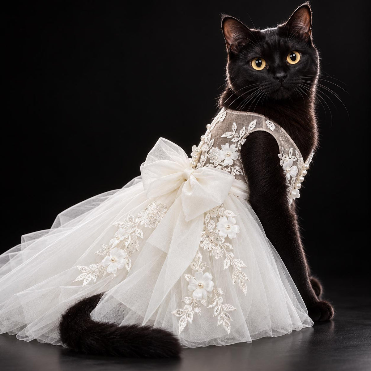 Black cat wearing the MOON FLOWER tulle bridal dress against a black background