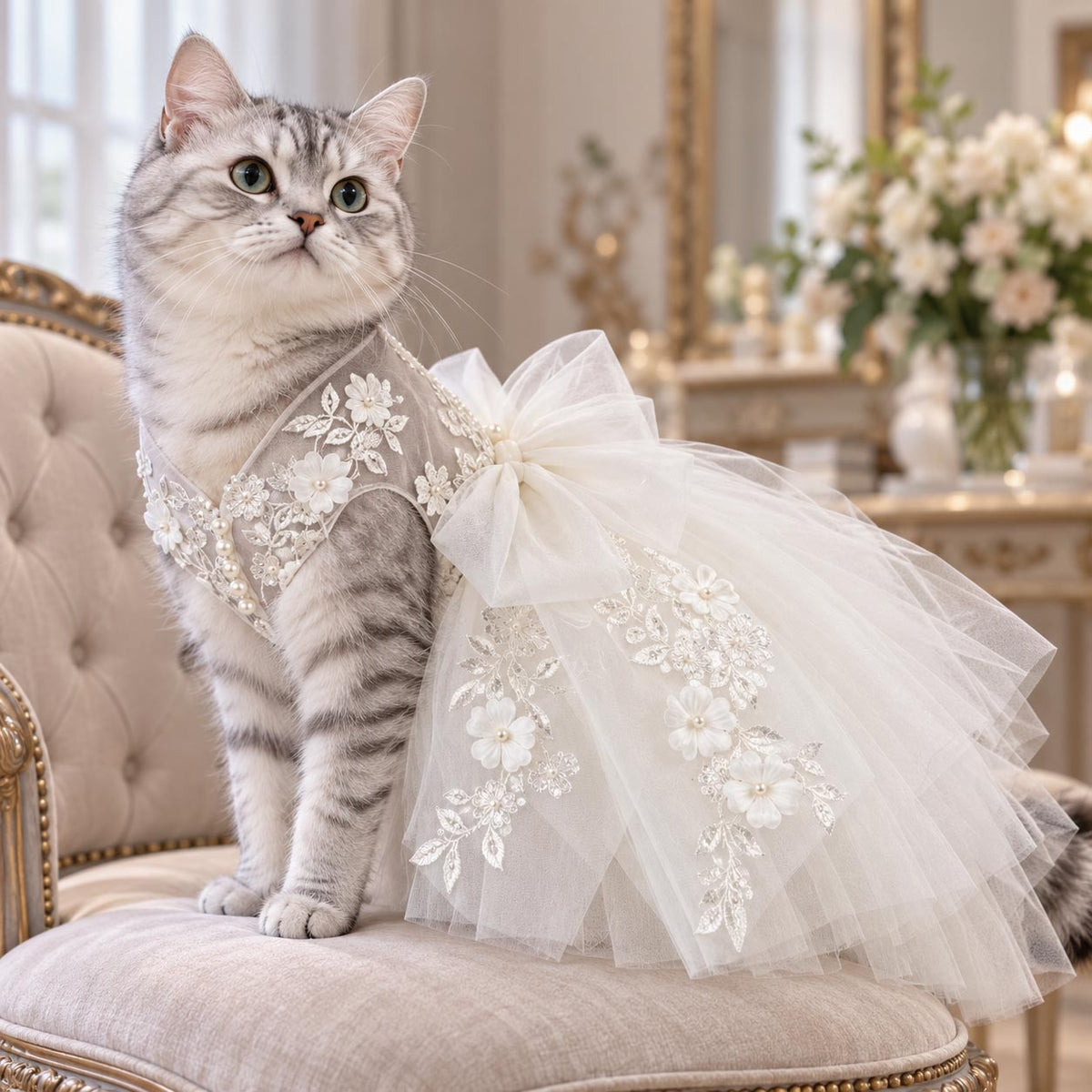 Silver tabby cat wearing the MOON FLOWER wedding dress on an upholstered chair