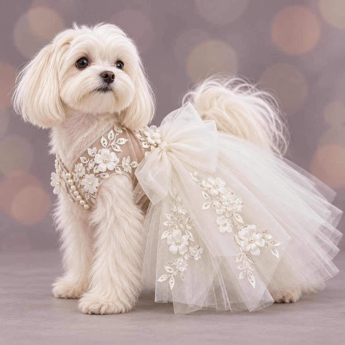 White dog wearing the MOON FLOWER ivory wedding dress against a taupe background
