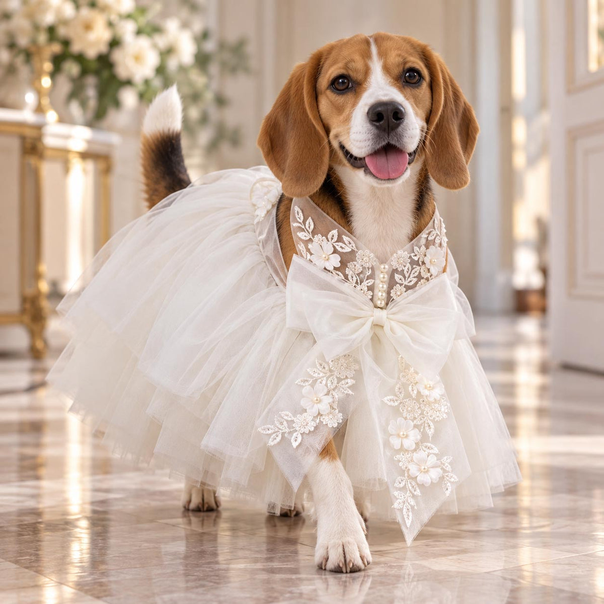 Beagle wearing the MOON FLOWER ivory bridal dress in a wedding setting