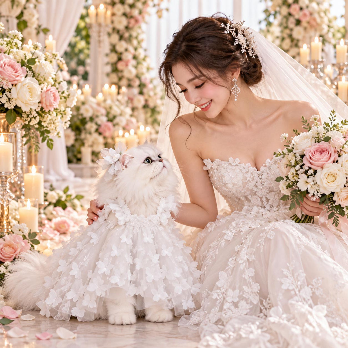 PAPILLON ivory cat wedding dress with layered tulle and delicate butterfly appliqués worn by a cat beside a bride