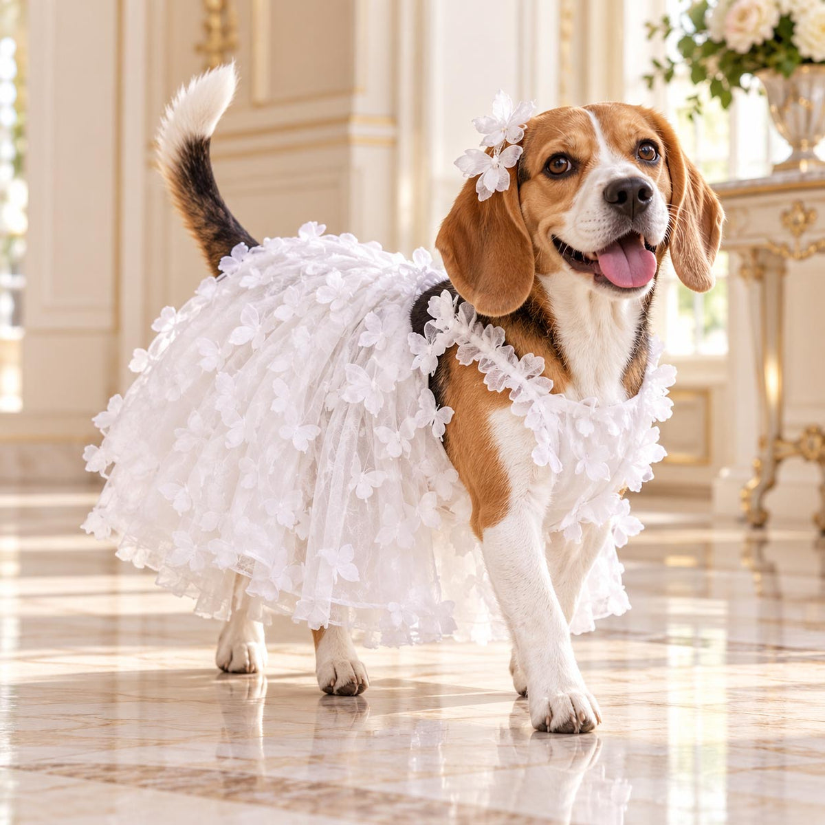 PAPILLON ivory dog wedding dress with layered tulle and delicate butterfly appliqués